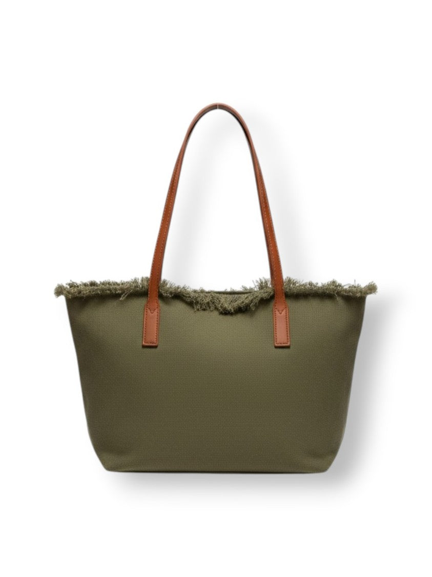 Mc2 Saint Barth Medium Olive Green Tote Bag With Textured Fringe Trim