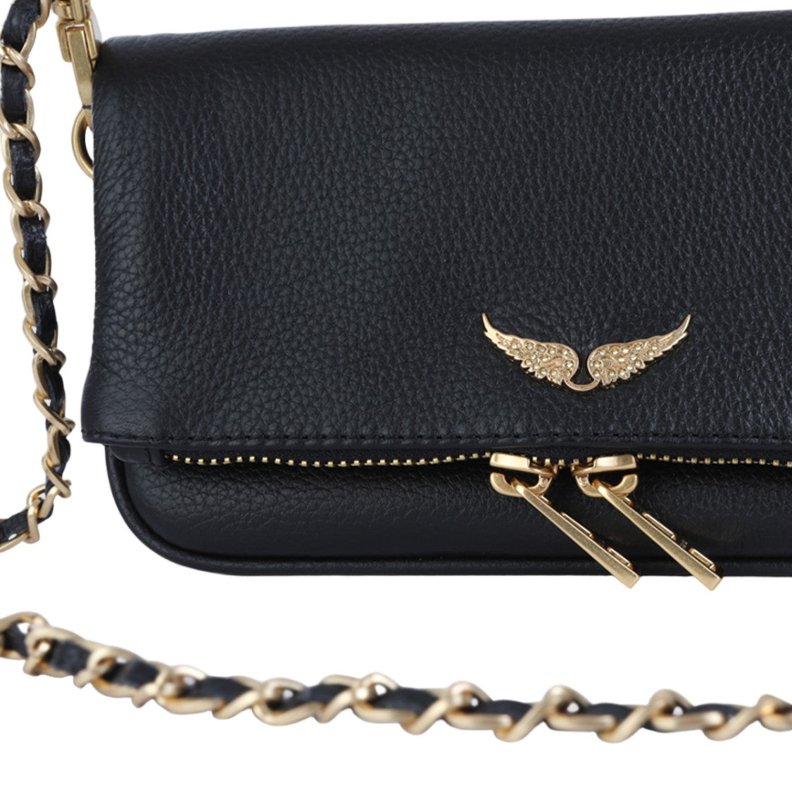 Zadig & Voltaire Pebbled Black Leather Bag With Gold Wing Emblem