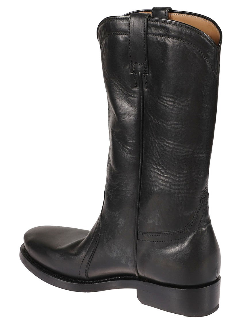 Jil Sander Mid-Calf Black Leather Boots With Subtle Stitching