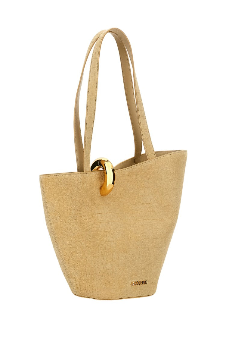 Jacquemus Asymmetric Beige Cocco Print Bucket Bag With Gold-Tone Hardware