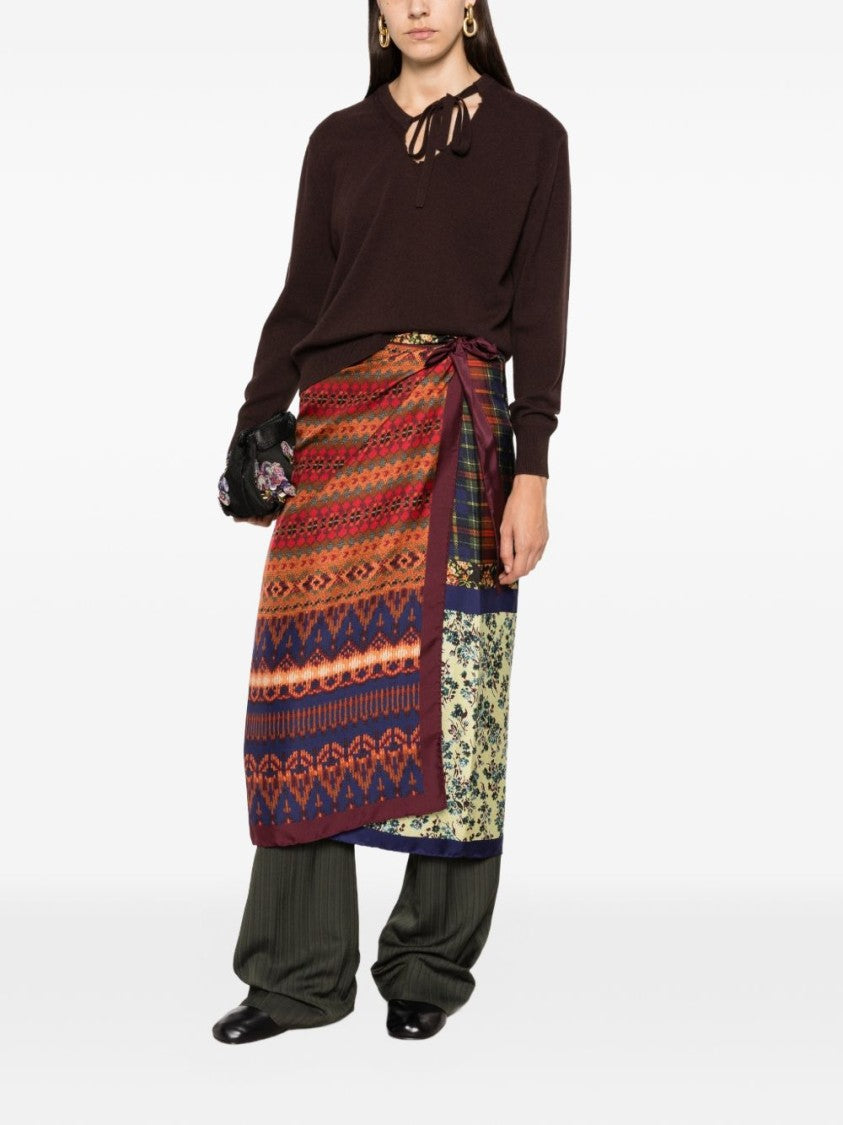 Dries Van Noten Dark Brown Ruffled V-Neck Knit Sweater