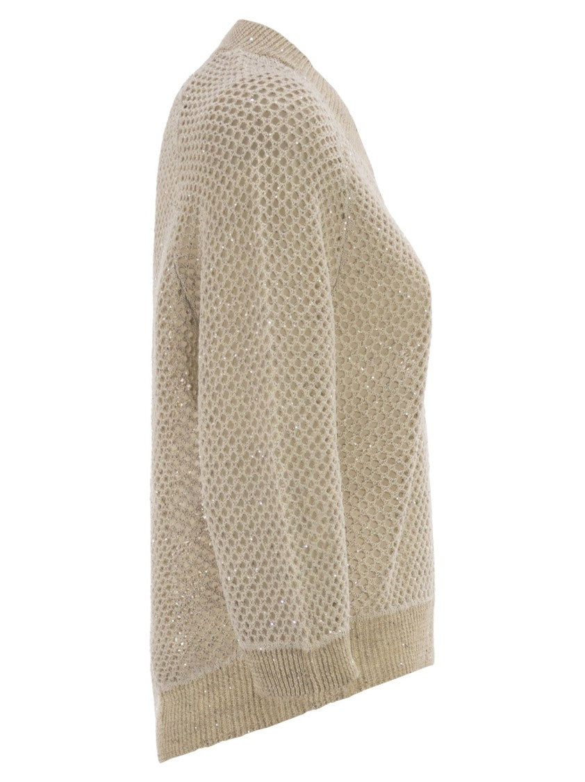 Peserico V-Neck Mesh Top In Linen And Cotton