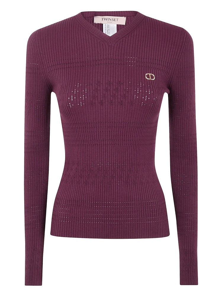 Twin-Set Ribbed Knit Sweater With Subtle Perforated Detailing