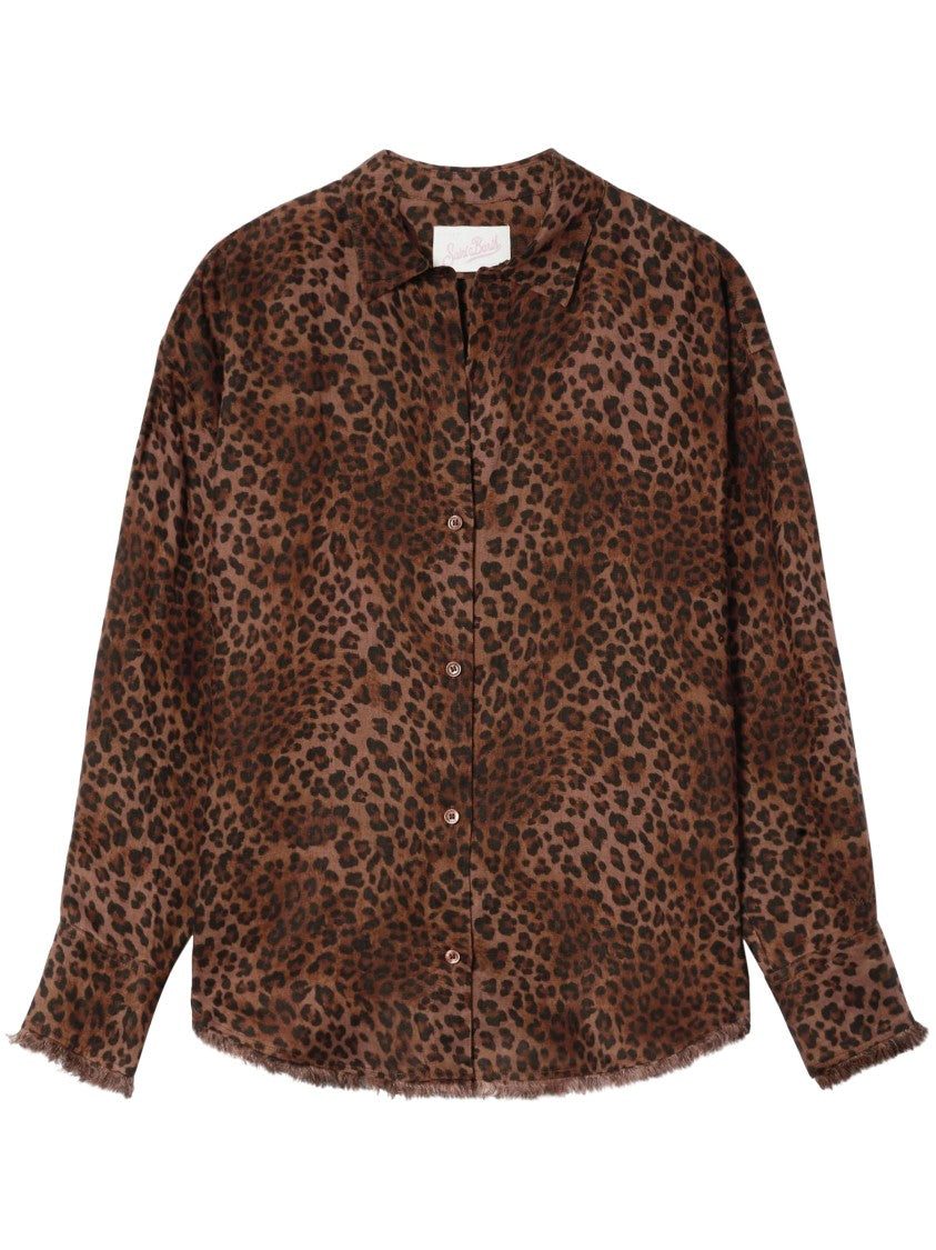 Mc2 Saint Barth Relaxed Fit Brown Leopard Print Linen Shirt