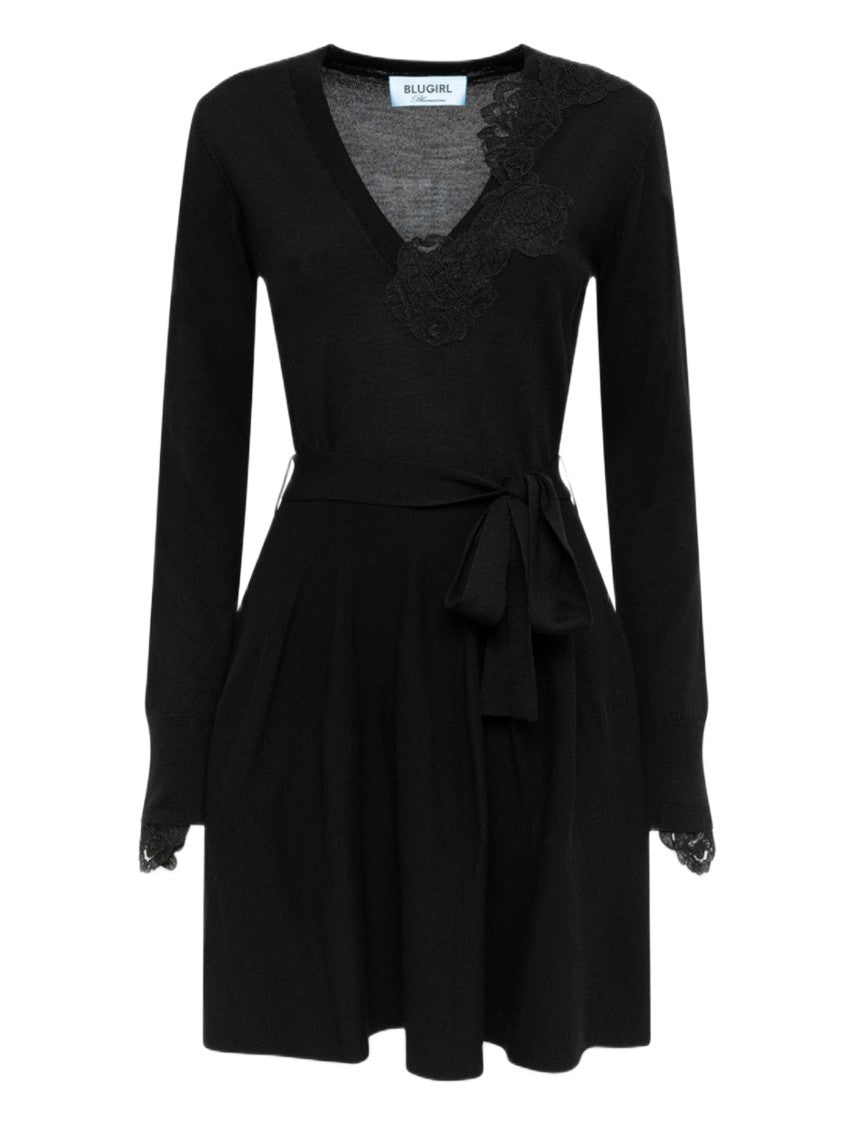 Blugirl Fitted Black Mini Dress With Lace Detailing And Flared Skirt