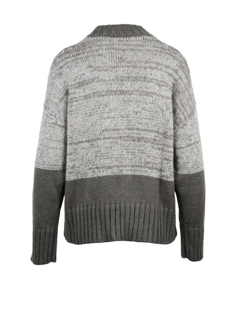 Alpha Studio Crew Neck Lamé Sweater With Two-Tone Knit Design