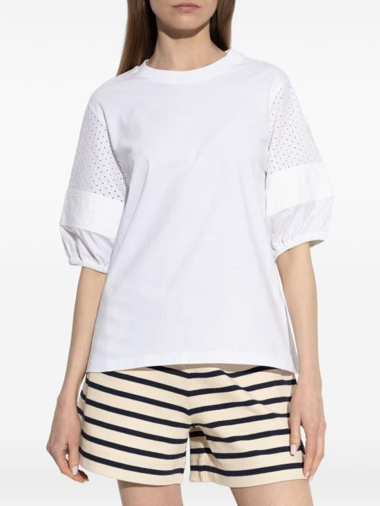 Moncler Puffed Sleeve Cotton Jersey Top With Eyelet Detailing