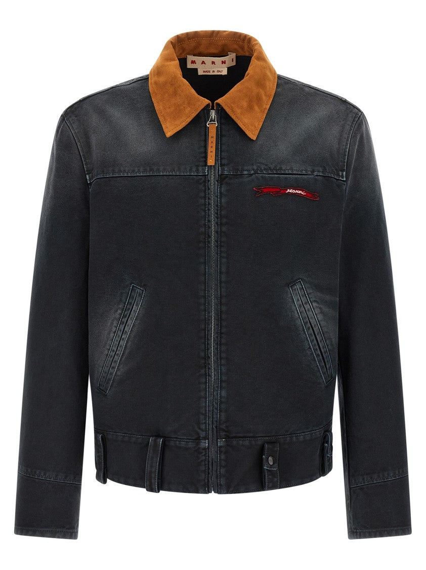 Marni Vintage-Style Compact Cotton Canvas Jacket With Suede Collar