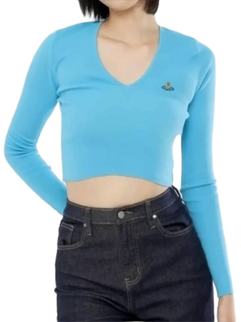 Vivienne Westwood Cropped Blue Cardigan With Deep V-Neck