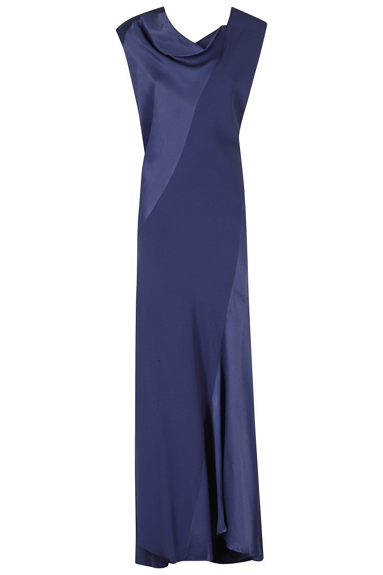 Alberta Ferretti Blue Asymmetric Cowl Neck Viscose Satin Maxi Dress