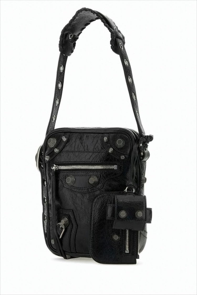 Balenciaga Textured Black Leather Crossbody Bag With Stud Details