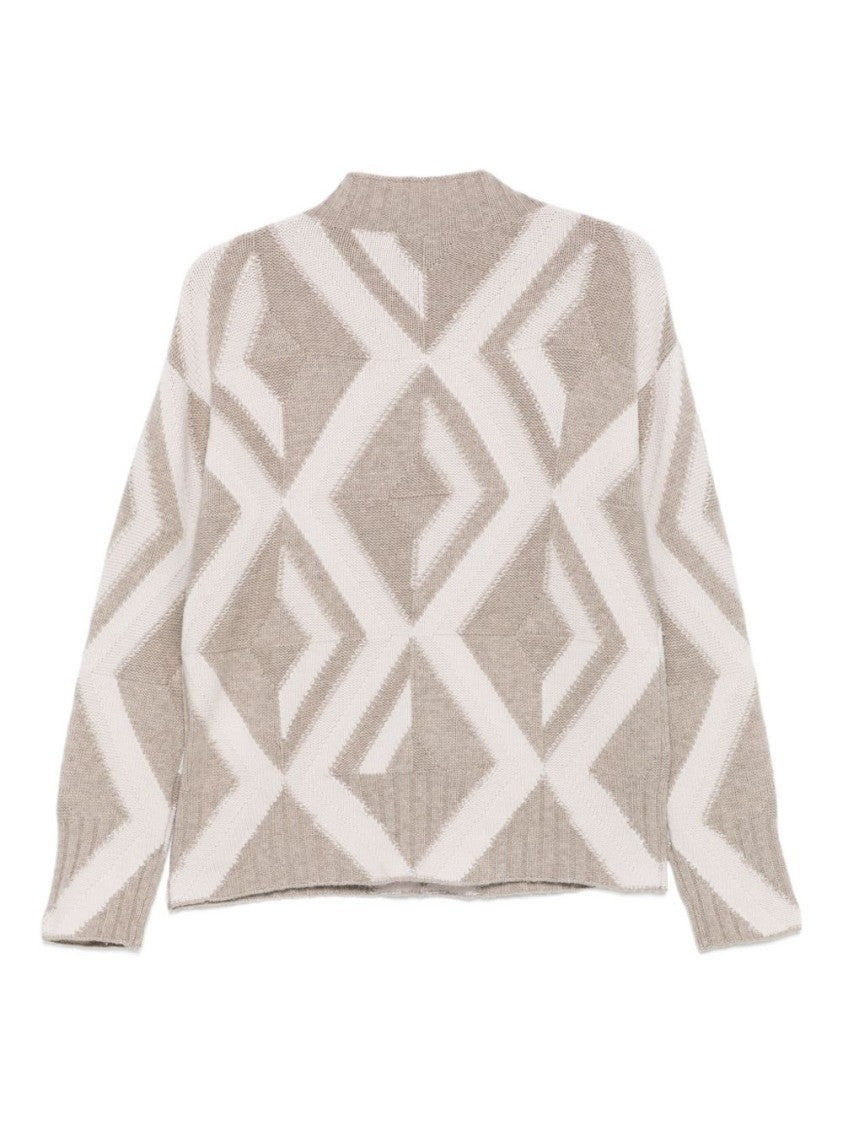 Alpha Studio Beige Knit Sweater With Geometric Pattern