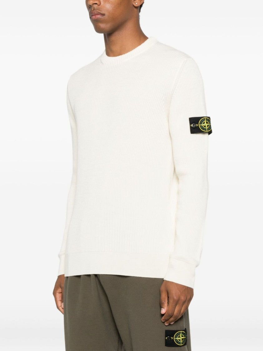Stone Island Ivory Ribbed Knit Sweater With Crew Neckline