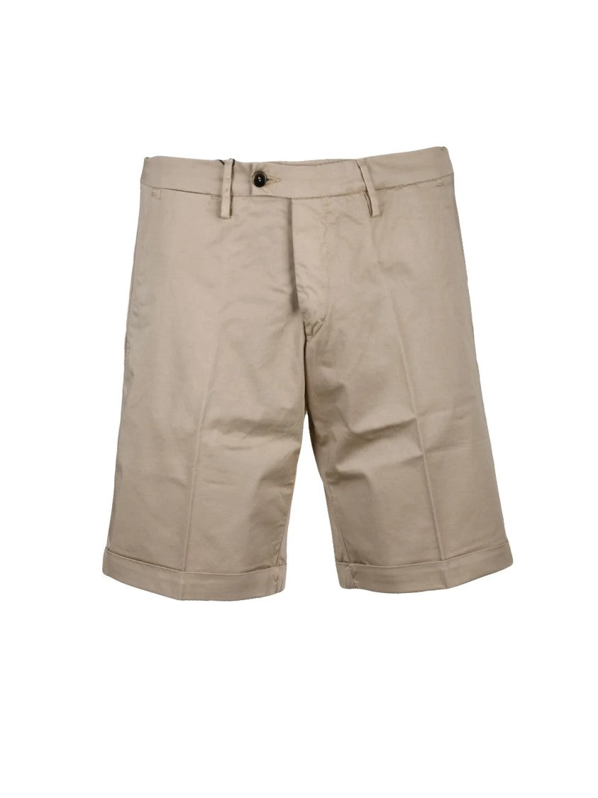 Bro Ship Beige Flat Waist Cuffed Hem Stretch Cotton Shorts