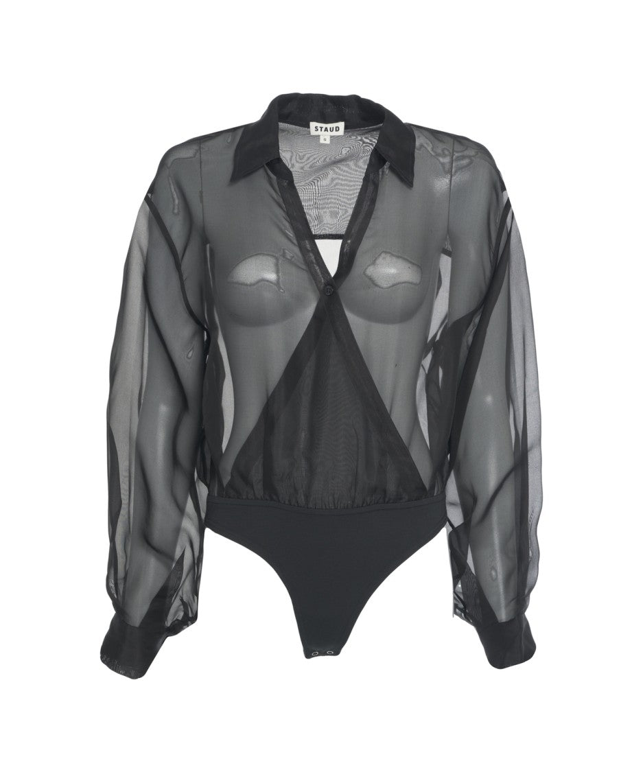 Staud Sheer Organza Bodysuit With Classic Collar