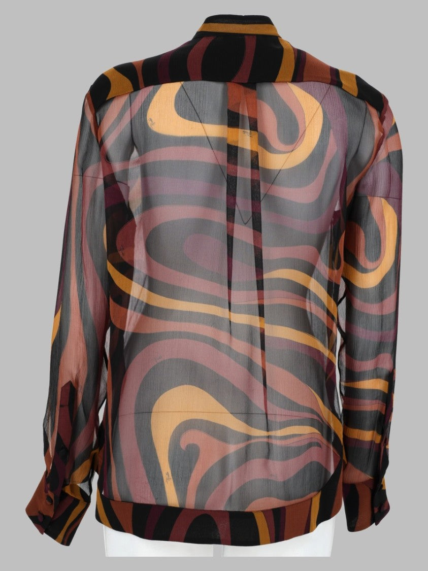 Pucci Burgundy Abstract Tie-Closure Sheer Silk Blouse