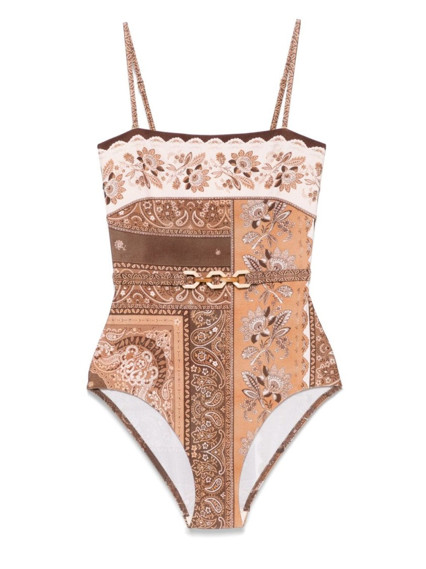 Zimmermann Bandeau One-Piece Swimsuit With Patchwork Bandana Print