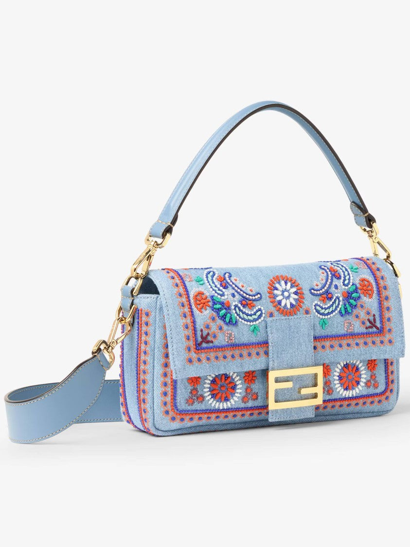 Fendi Rectangular Denim Baguette Bag With Floral Embroidery And Gold Accents