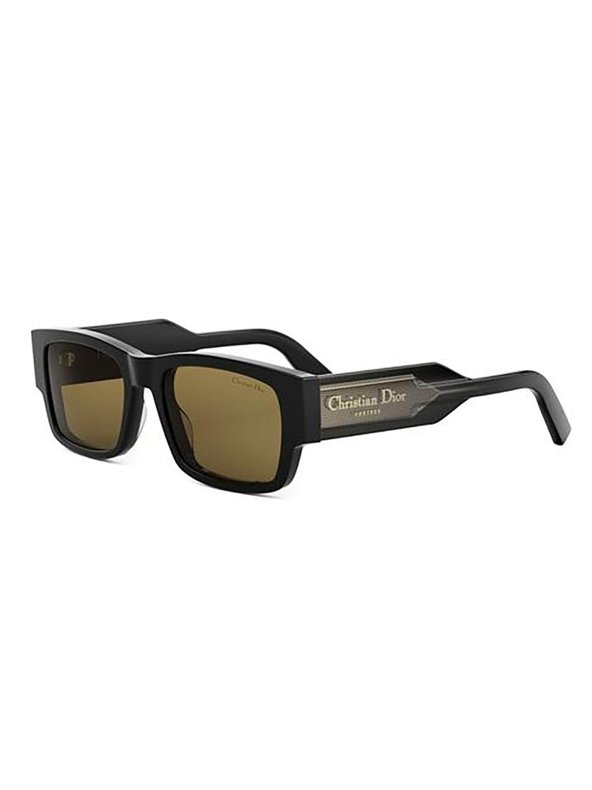 Dior Rectangular Black Frame Sunglasses With Brown Lenses And Gold-Tone Logo