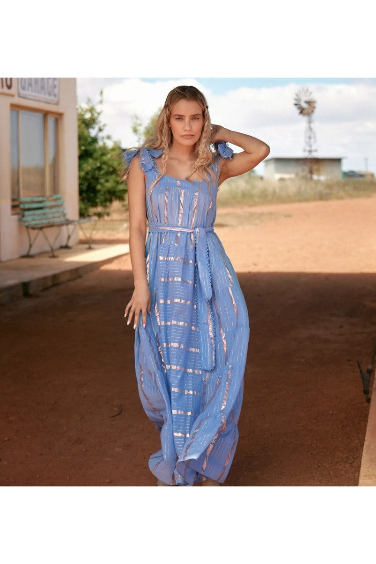Miss June Long Aly Dress In Striped Cotton Lurex Blue