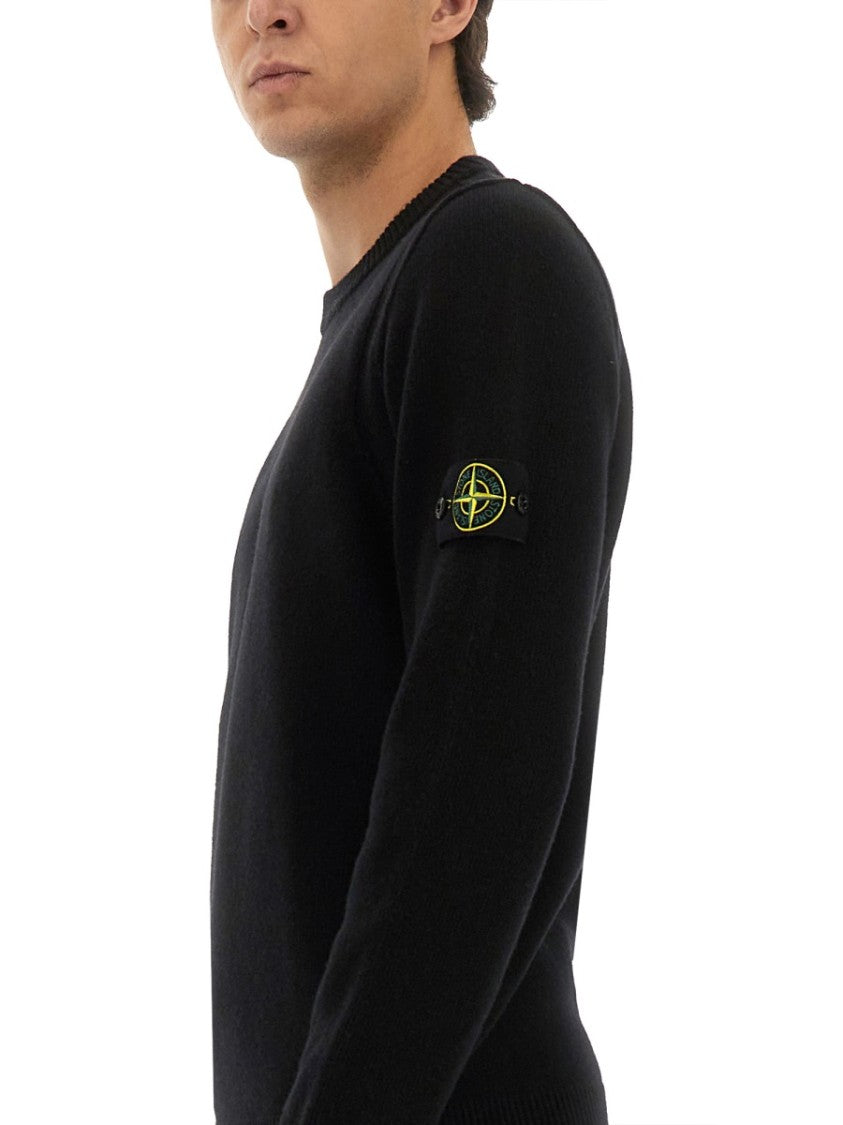 Stone Island Fitted Black Wool Jersey With Crew Neck