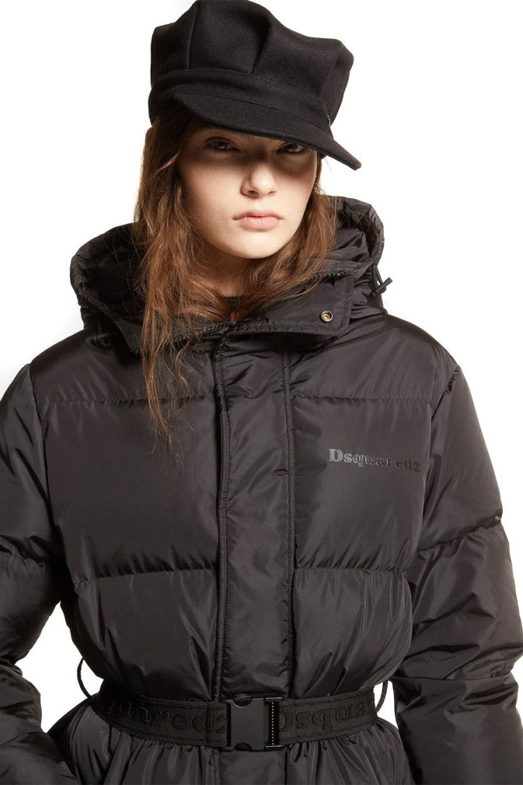 Dsquared2 Black Quilted Hooded Belted Down Coat