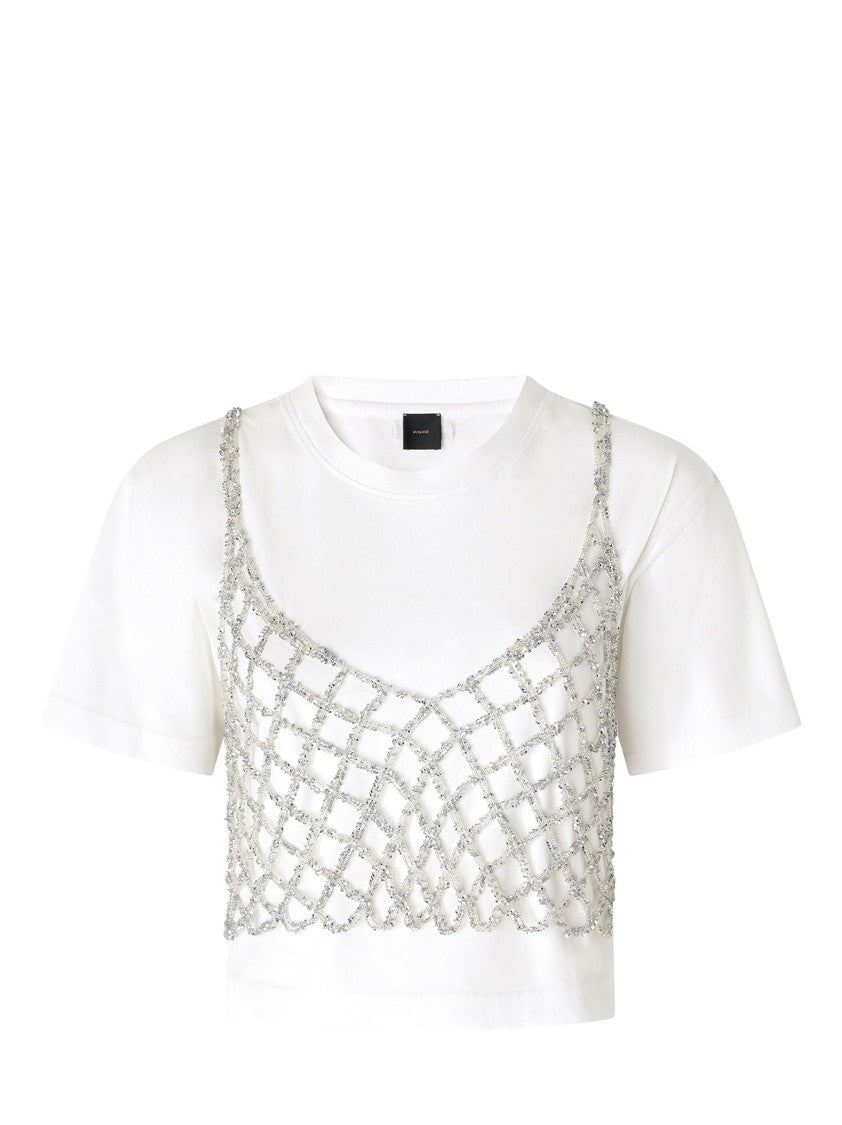 Pinko Cotton Crop T-Shirt With Silver Crochet Overlay