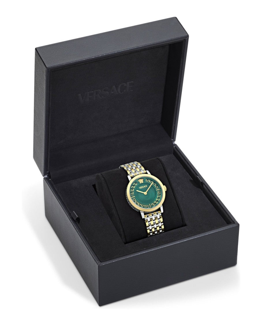 Versace Greca Fortuna Bracelet Watch With Green Guilloche Dial And Gold-Tone Accents