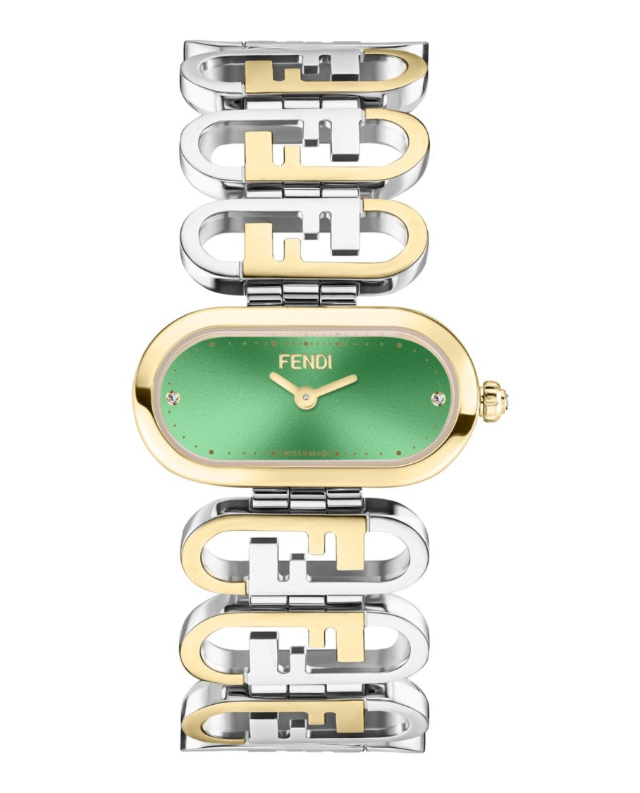 Fendi O'lock Diamond Watch With Green Sunray Dial And Two-Tone Bracelet