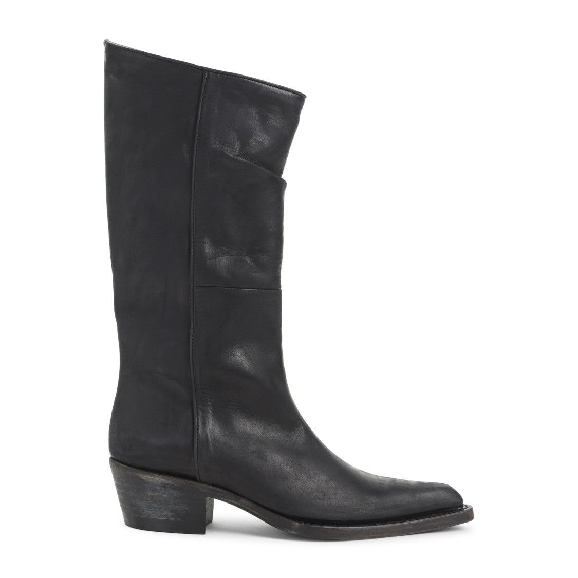 Khaite Mid-Calf Black Leather Boots With Pointed Toe And Stacked Heel