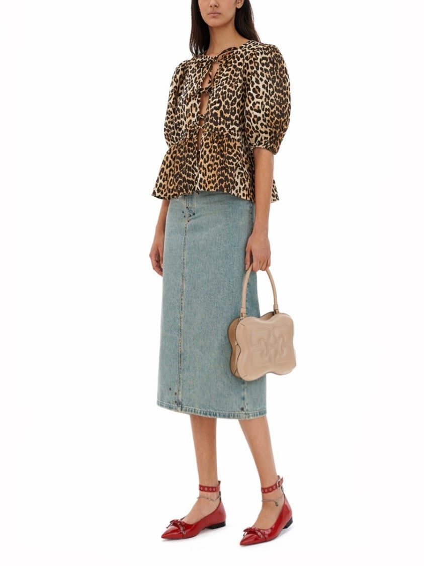 Ganni Multicolor Animal Print Puff Sleeves Cotton Blouse