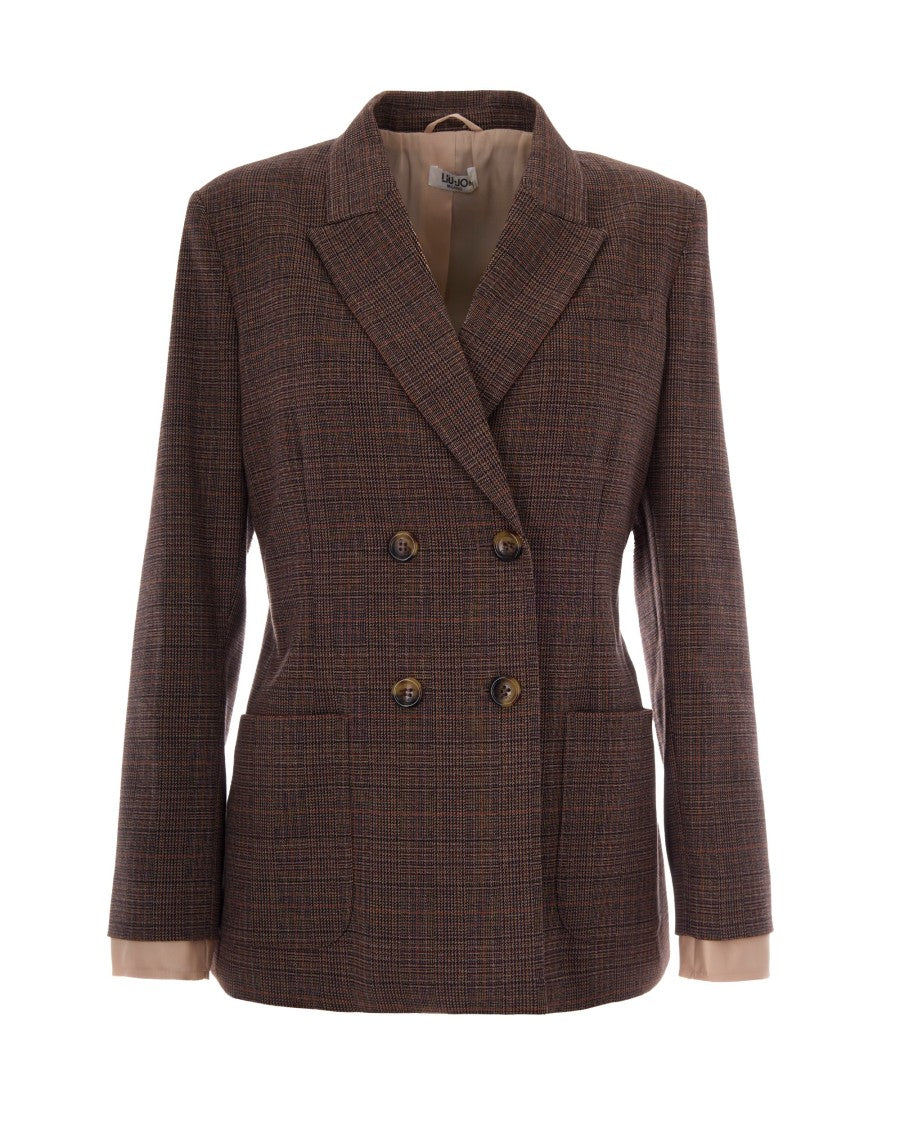 Liu Jo Double-Breasted Classic Tartan Jacket With Contrasting Cuffs