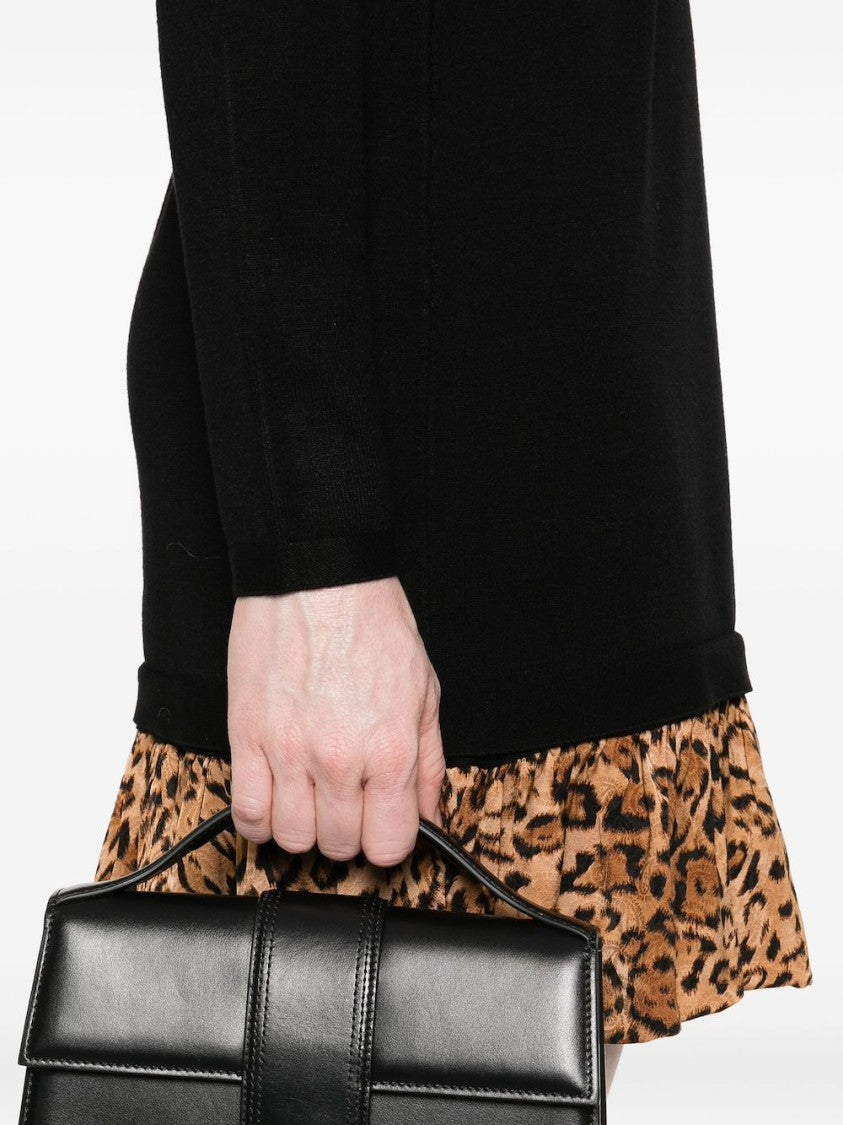 Twin-Set Black Ruffled Hem Dress With Animal Print Detail