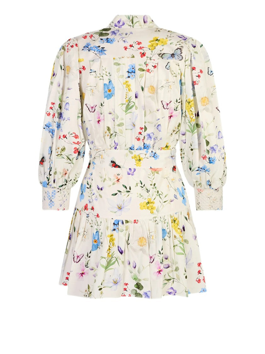 Alice Olivia By Stacey Bendet Floral Print Mini Dress With Puff Sleeves And Self-Tie Belt