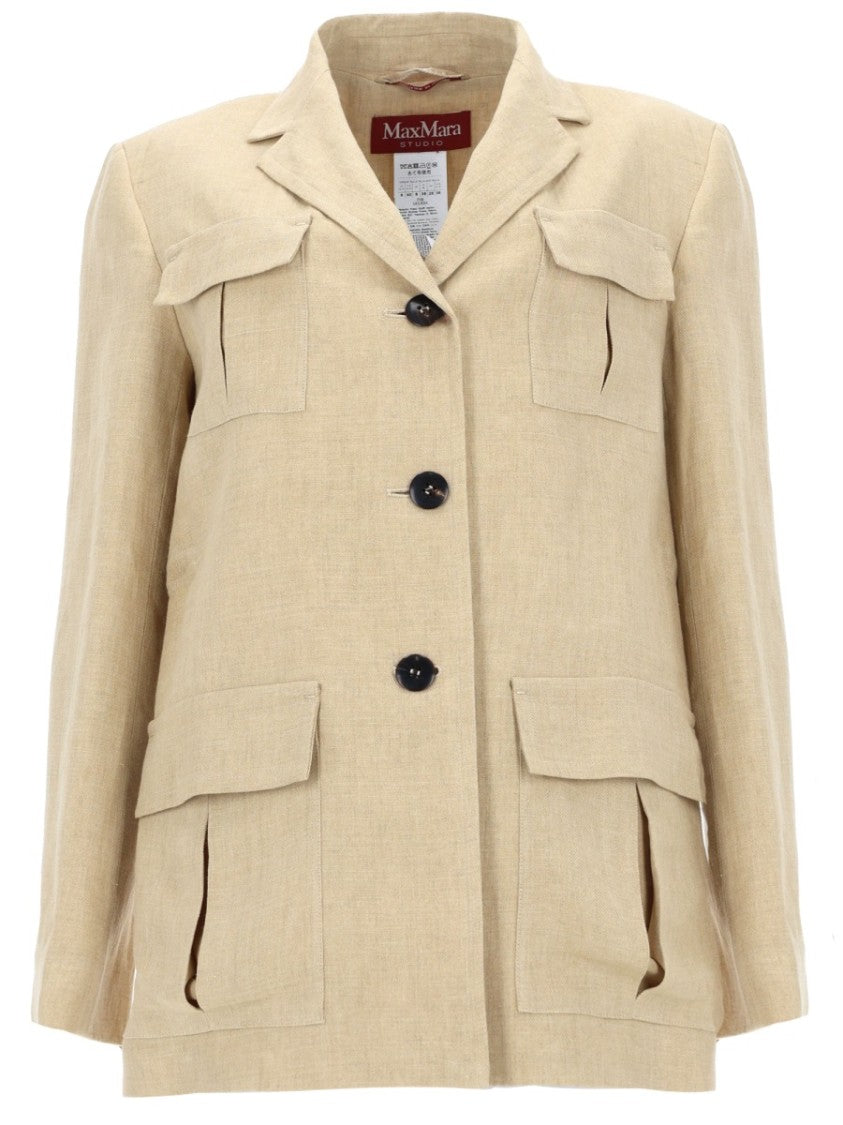 Max Mara Relaxed Fit Light Beige Linen Jacket With Notched Lapel And Flap Pockets