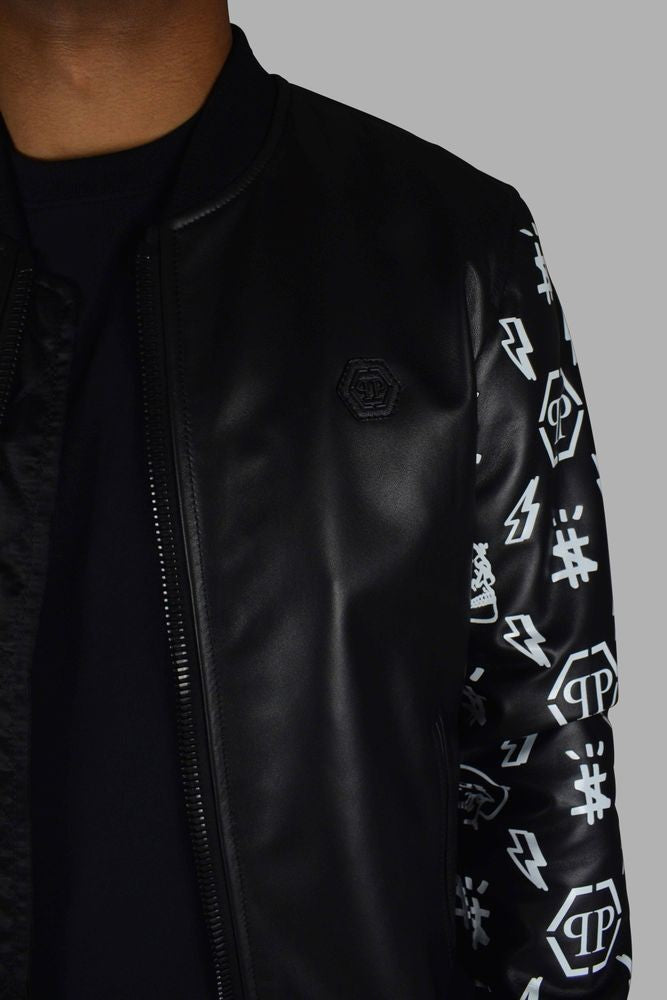Philipp Plein Black Leather Bomber Jacket With Graphic Sleeves