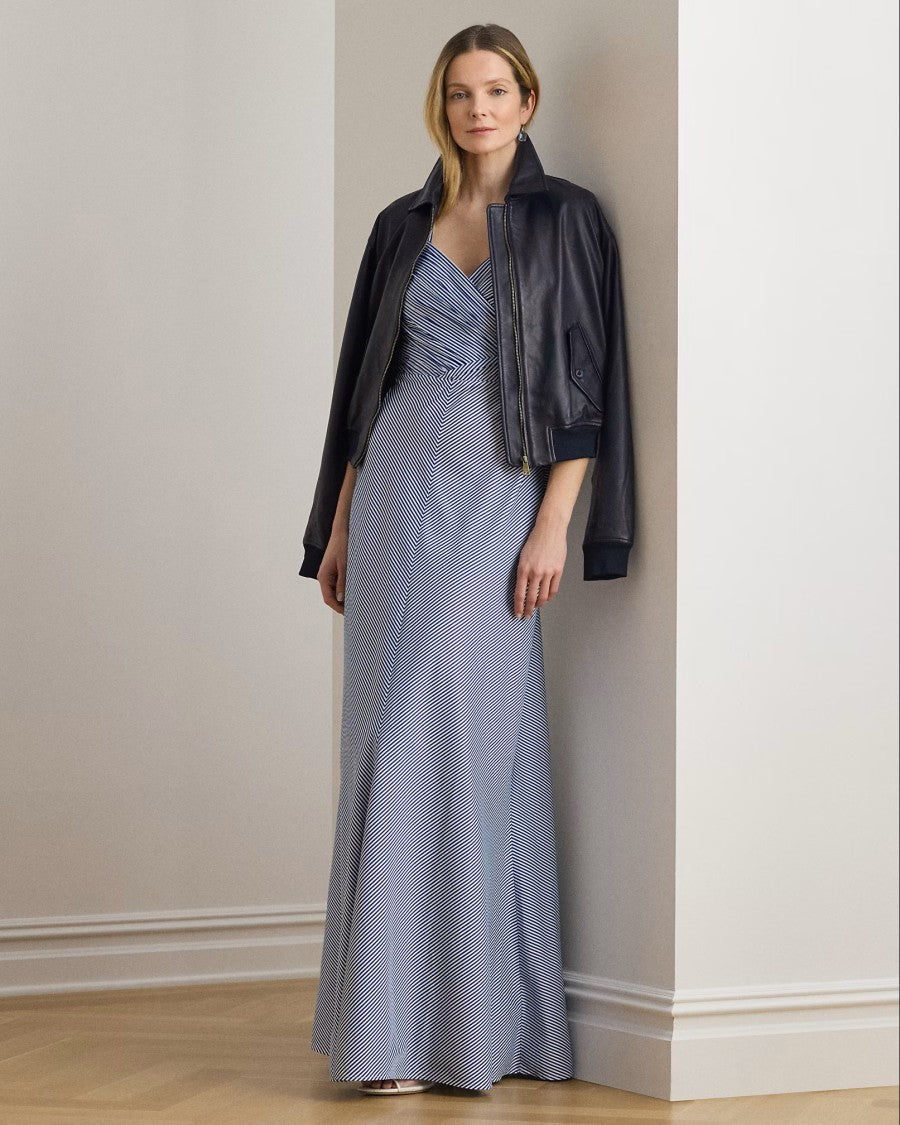 Lauren Ralph Lauren Navy Blue Woven Taffeta Evening Gown