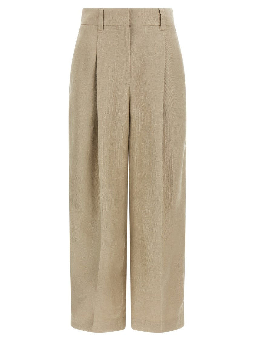 Brunello Cucinelli Wide Leg Linen Trousers With Pressed Pleats