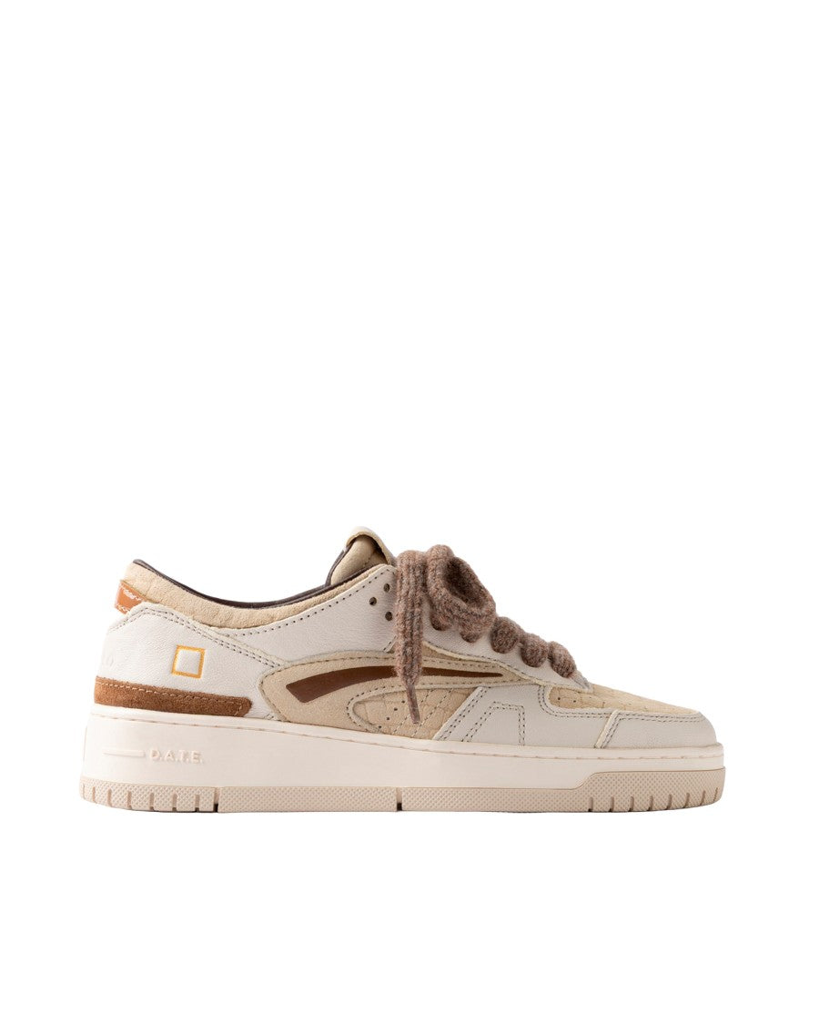 D.A.T.E Beige Crocodile Texture Suede Torneo Sneakers
