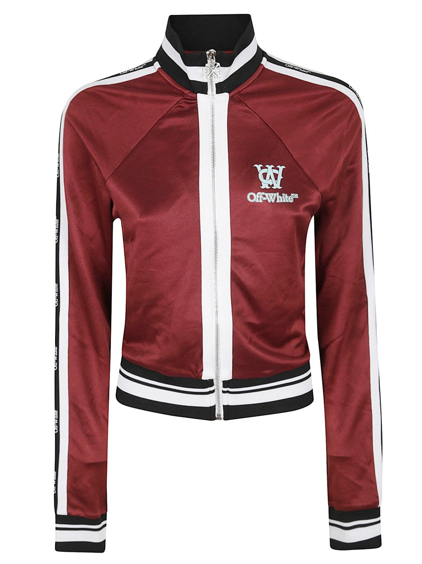 Off-White Dark Red Zip-Front Sweatshirt With Contrasting Stripes