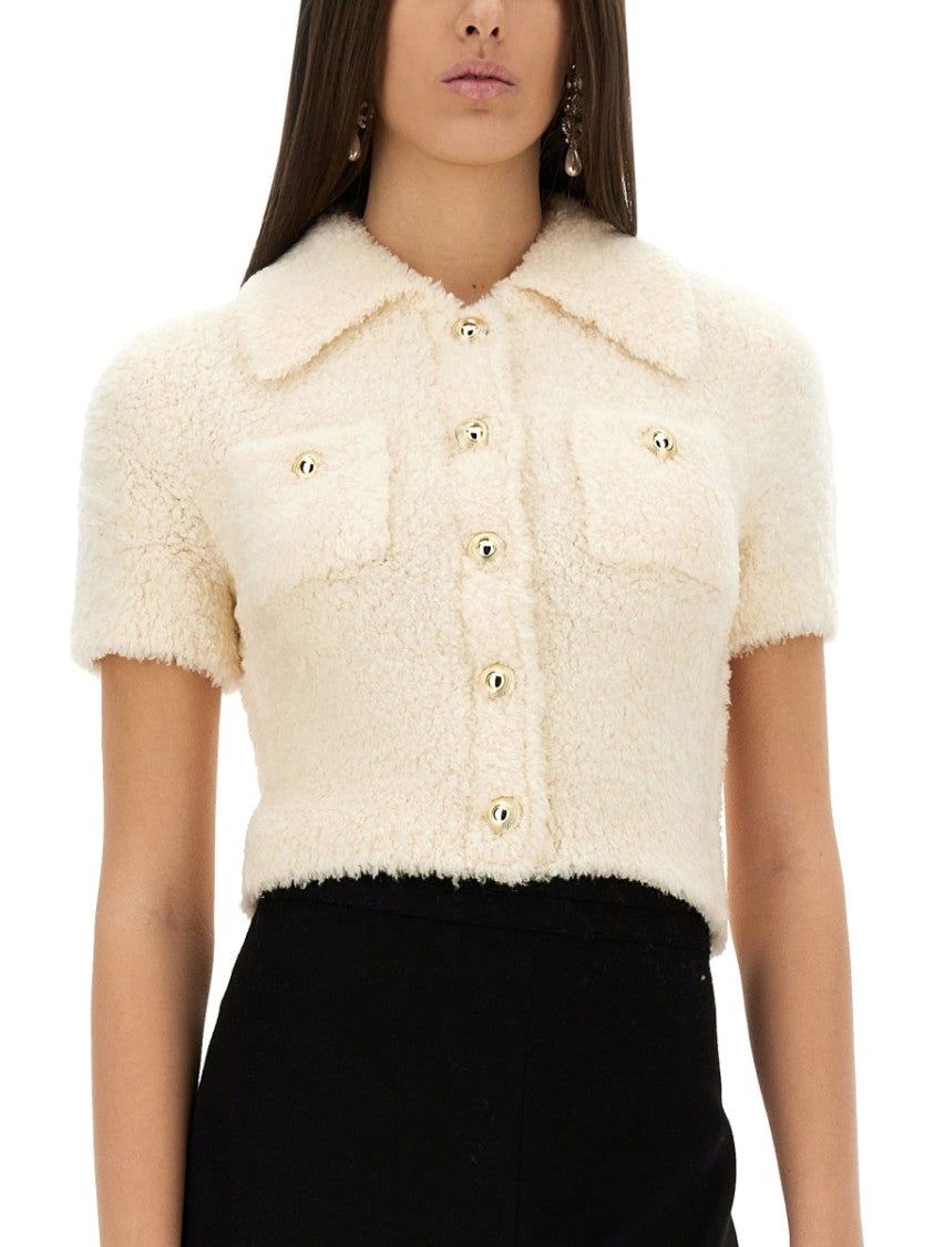 Self-Portrait Cropped Collared Knitted Top With Button-Down Front