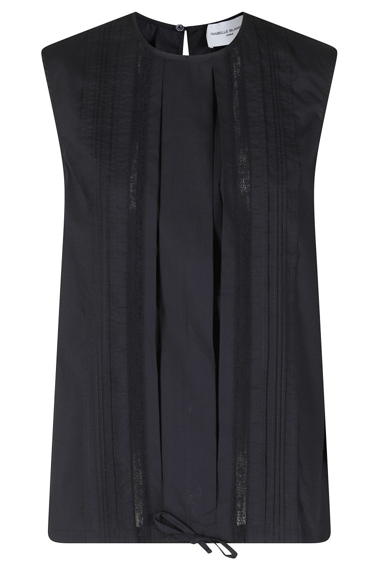 Isabelle Blanche Black Vertical-Lace Button-Back Cotton Tank Top