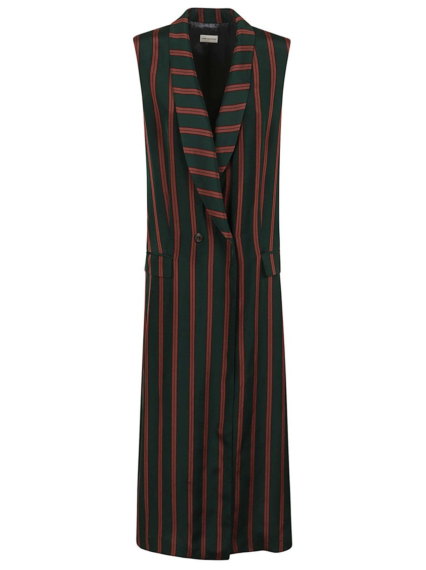 Dries Van Noten Sleeveless Striped Satin Long Coat With Peak Lapels