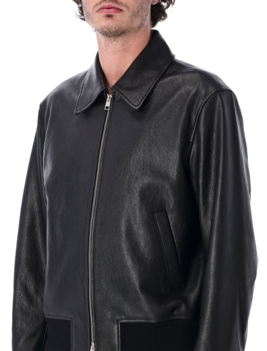 Ami Paris Smooth Leather Ribbed Accent Bomber Jacket