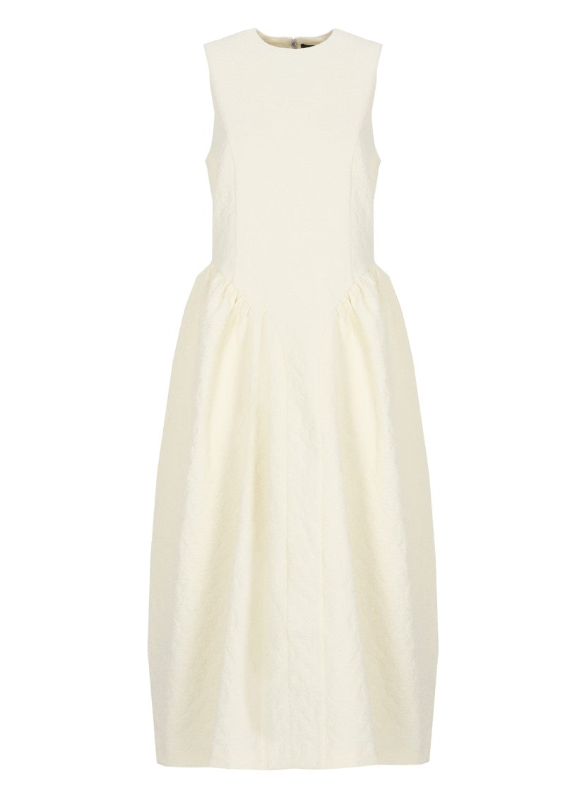 Rotate Ivory Jacquard Midi Dress With Embossed Floral Pattern