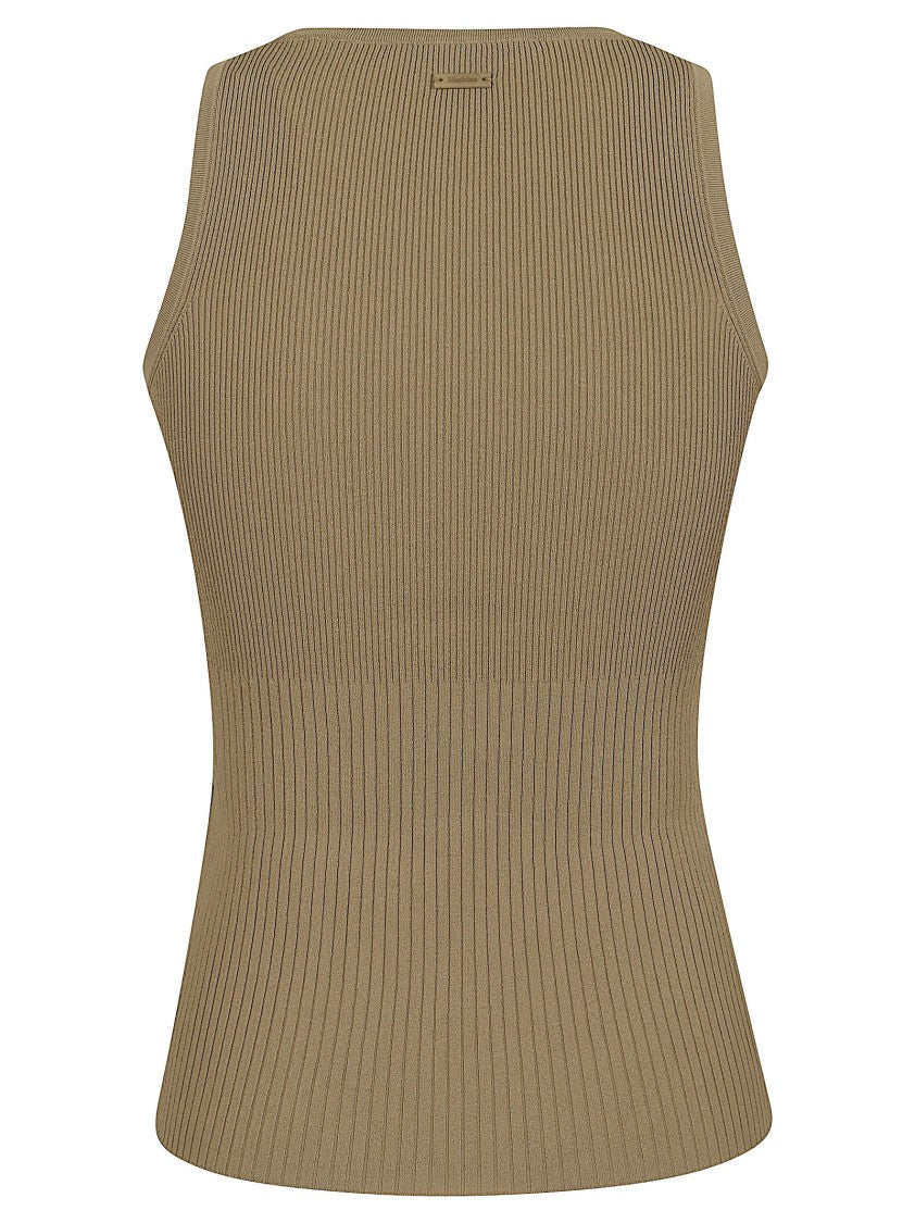 Max Mara Fitted Brown Ribbed Top With Wide Shoulders