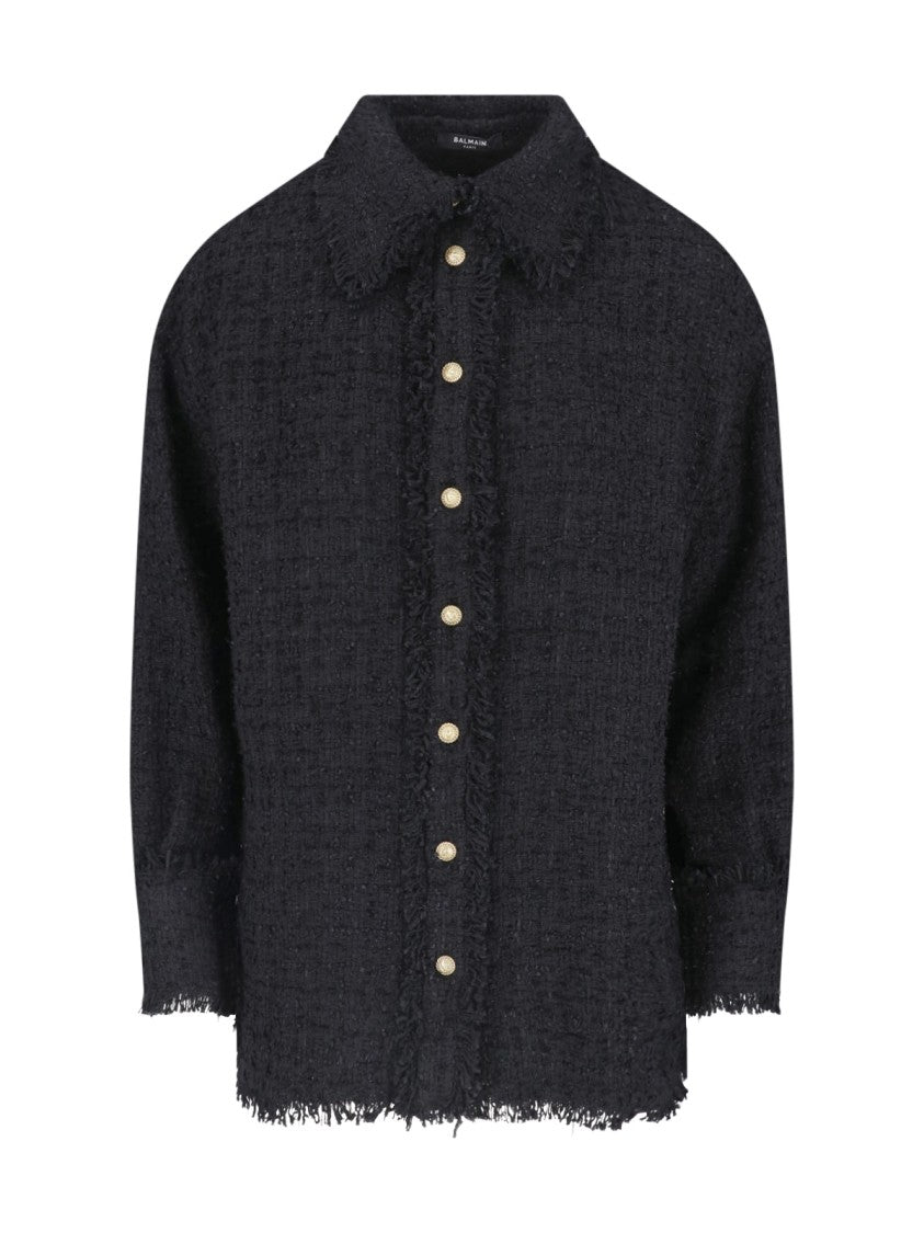 Balmain Textured Black Tweed Shirt With Gold-Tone Button Closure