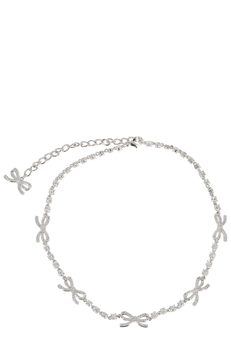 Self-Portrait Silver Crystal Bow Hook-Closure Brass Necklace