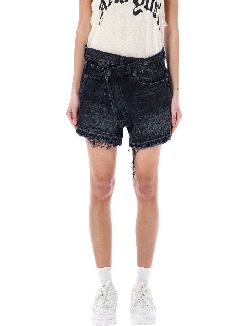 R13 Crossover Distressed Denim Fringe Shorts