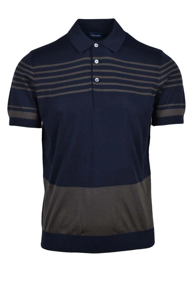 Drumohr Cotton Knit Polo Shirt - Blue/Brown